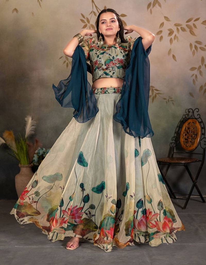 Printed Semi-Stitched Lehenga With Choli & Dupatta Free Size Upto 42