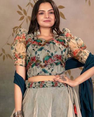 Printed Semi-Stitched Lehenga With Choli & Dupatta Free Size Upto 42 2