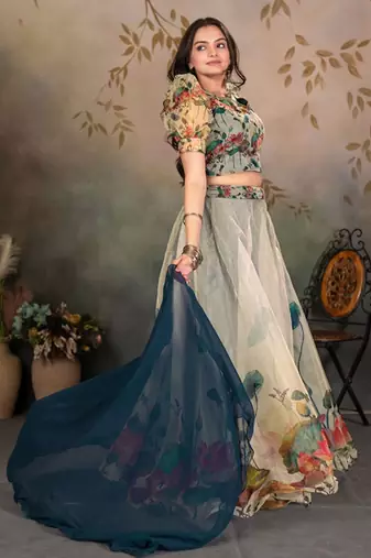 Printed Semi-Stitched Lehenga With Choli & Dupatta Free Size Upto 42