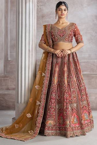 Embroidered Thread Work Semi-Stitched Lehenga & Unstitched Blouse With Dupatta Free Size Upto 42