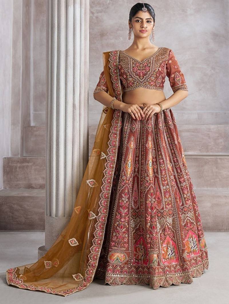 Embroidered Thread Work Semi-Stitched Lehenga & Unstitched Blouse With Dupatta Free Size Upto 42