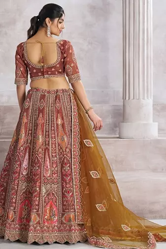 Embroidered Thread Work Semi-Stitched Lehenga & Unstitched Blouse With Dupatta Free Size Upto 42