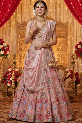 Embroidered Sequinned Semi-Stitched Lehenga & Unstitched Blouse With Dupatta Free Size Upto 42