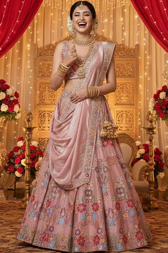 Embroidered Sequinned Semi-Stitched Lehenga & Unstitched Blouse With Dupatta Free Size Upto 42