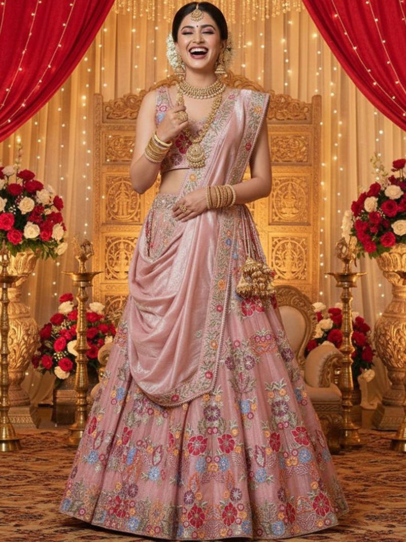 Embroidered Sequinned Semi-Stitched Lehenga & Unstitched Blouse With Dupatta Free Size Upto 42