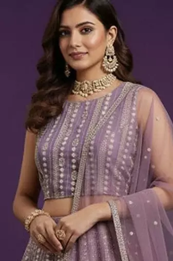 Embroidered Sequinned Semi-Stitched Lehenga & Blouse With Dupatta Free Size Upto 42