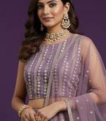 Embroidered Sequinned Semi-Stitched Lehenga & Blouse With Dupatta Free Size Upto 42