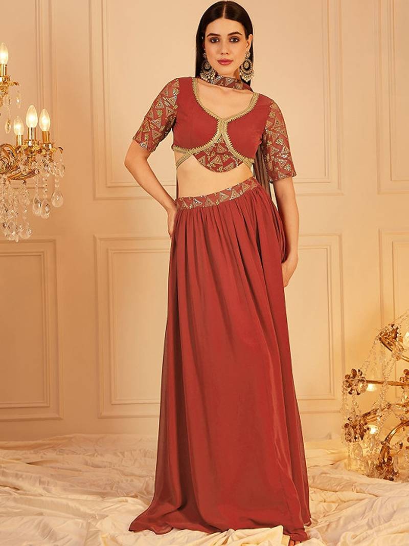 Embellished Sequinned Ready To Wear Lehenga & Blouse With Dupatta Free Size Upto 42