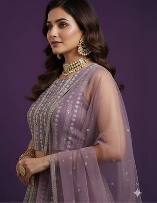 Embroidered Sequinned Semi-Stitched Lehenga & Blouse With Dupatta Free Size Upto 42 4