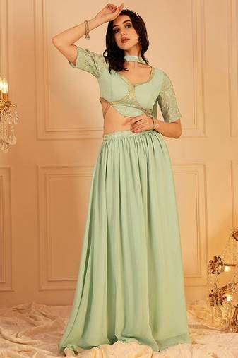 Embroidered Crop Top & Maxi Skirt With Dupatta Co-Ords Free Size Upto 42