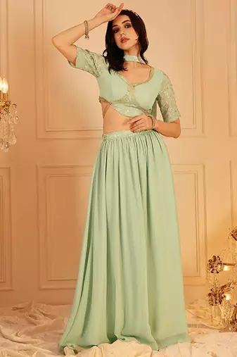 Embroidered Crop Top & Maxi Skirt With Dupatta Co-Ords Free Size Upto 42