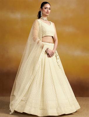 Embroidered Sequinned Semi-Stitched Georgette Lehenga & Blouse With Dupatta Free Size Upto 42 1