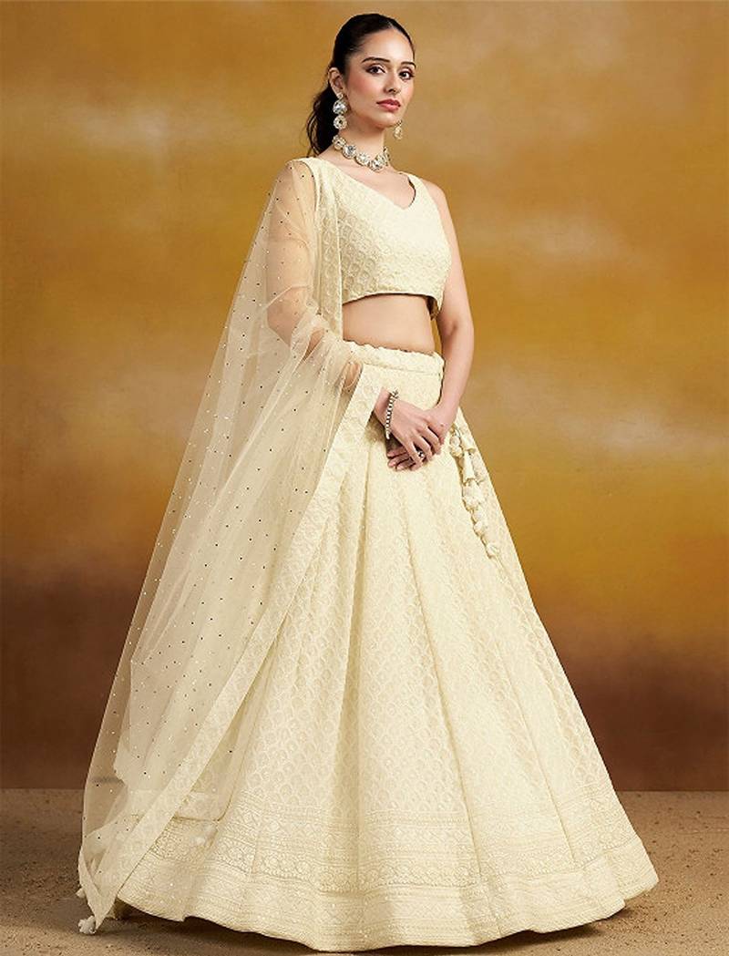 Embroidered Sequinned Semi-Stitched Georgette Lehenga & Blouse With Dupatta Free Size Upto 42