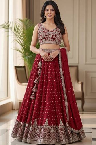 Embroidered Semi-Stitched Lehenga & Blouse With Dupatta Free Size Upto 42