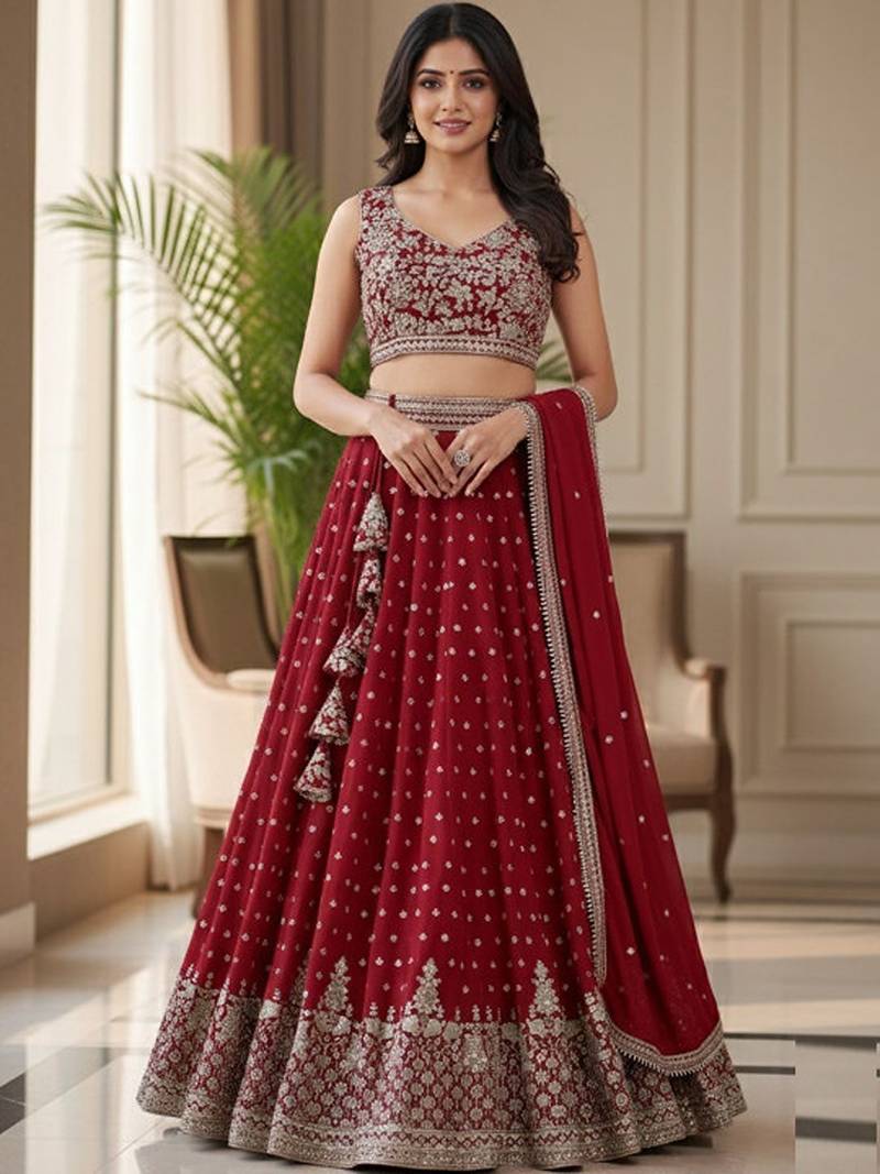 Embroidered Semi-Stitched Lehenga & Blouse With Dupatta Free Size Upto 42
