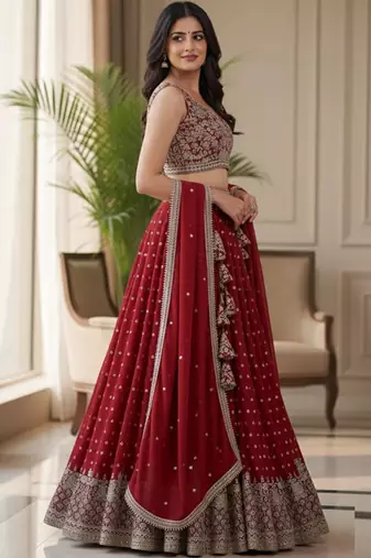 Embroidered Semi-Stitched Lehenga & Blouse With Dupatta Free Size Upto 42