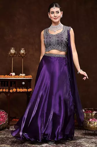 Embellished Mirror Work Ready To Wear Lehenga & Blouse With Dupatta Free Size Upto 42