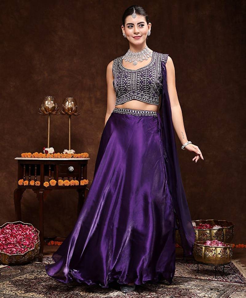 Embellished Mirror Work Ready To Wear Lehenga & Blouse With Dupatta Free Size Upto 42