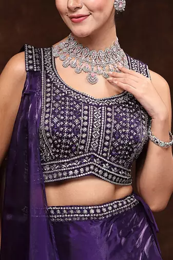Embellished Mirror Work Ready To Wear Lehenga & Blouse With Dupatta Free Size Upto 42