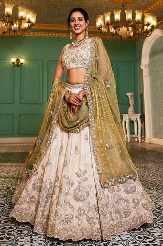 Embroidered Sequinned Semi-Stitched Lehenga & Unstitched Blouse With Dupatta Free Size Upto 42