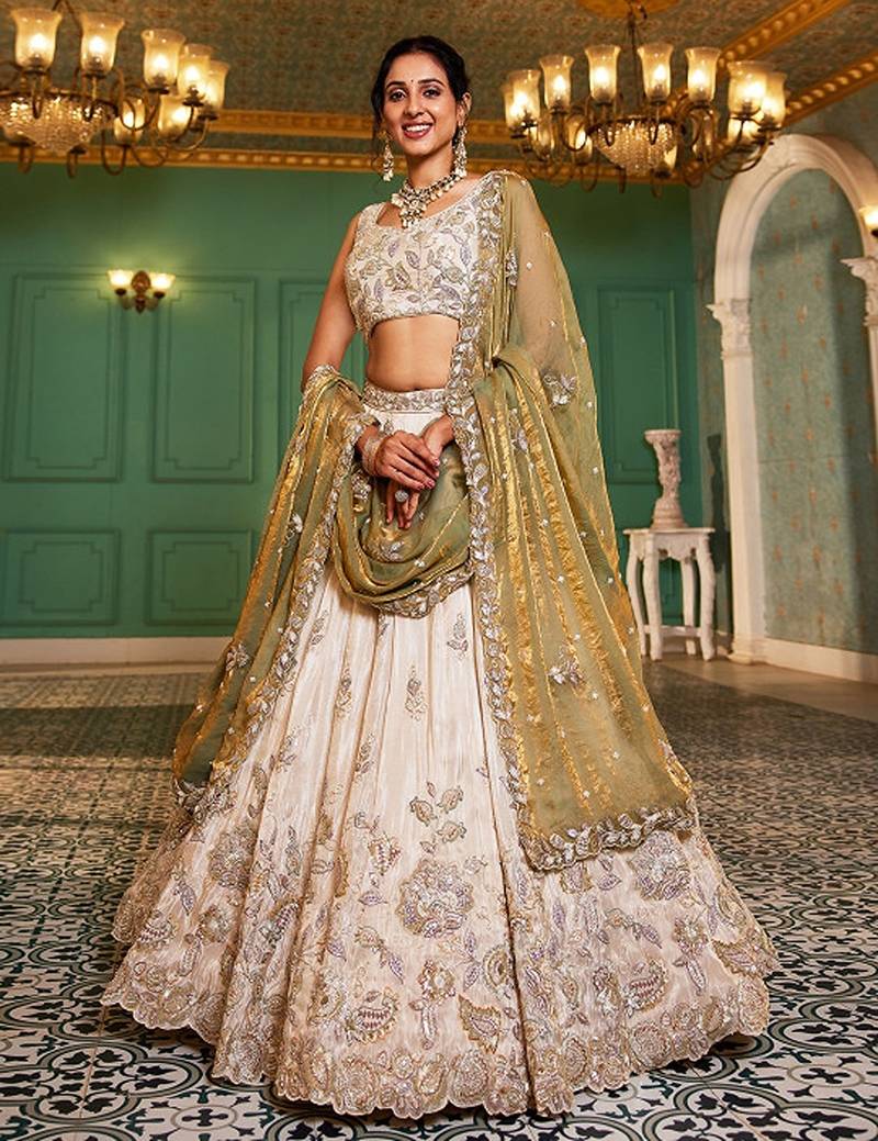 Embroidered Sequinned Semi-Stitched Lehenga & Unstitched Blouse With Dupatta Free Size Upto 42