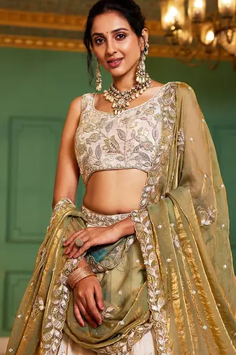 Embroidered Sequinned Semi-Stitched Lehenga & Unstitched Blouse With Dupatta Free Size Upto 42