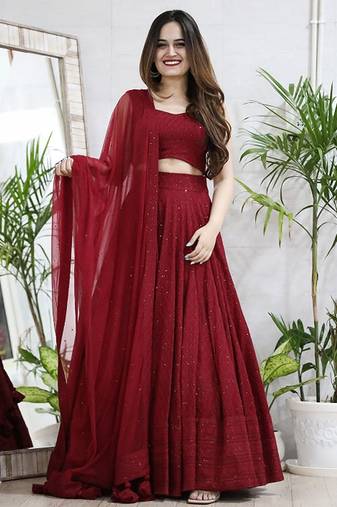 Embroidered Sequinned Semi-Stitched Lehenga & Unstitched Choli With Dupatta Free Size Upto 42