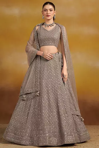 Embroidered Sequinned Semi-Stitched Lehenga & Unstitched Blouse With Dupatta Free Size Upto 42