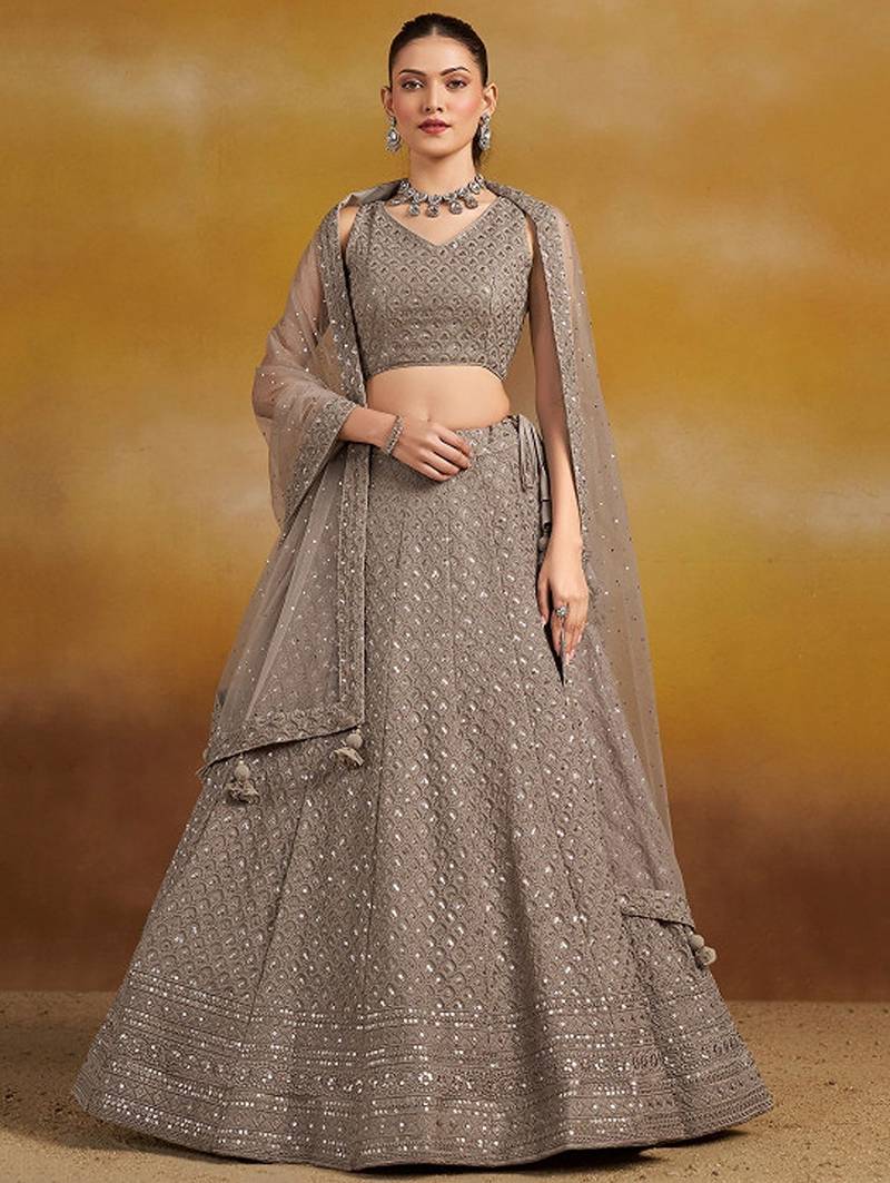 Embroidered Sequinned Semi-Stitched Lehenga & Unstitched Blouse With Dupatta Free Size Upto 42