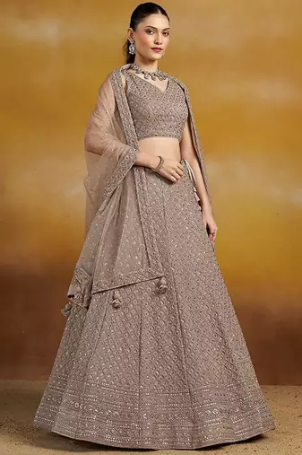 Embroidered Sequinned Semi-Stitched Lehenga & Unstitched Blouse With Dupatta Free Size Upto 42