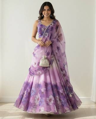 Floral Printed Organza Semi-Stitched Lehenga & Blouse With Dupatta Free Size Upto 42 1