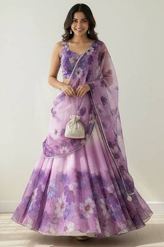 Floral Printed Organza Semi-Stitched Lehenga & Blouse With Dupatta Free Size Upto 42