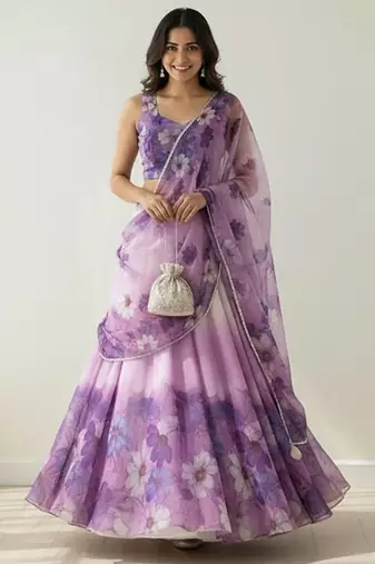 Floral Printed Organza Semi-Stitched Lehenga & Blouse With Dupatta Free Size Upto 42