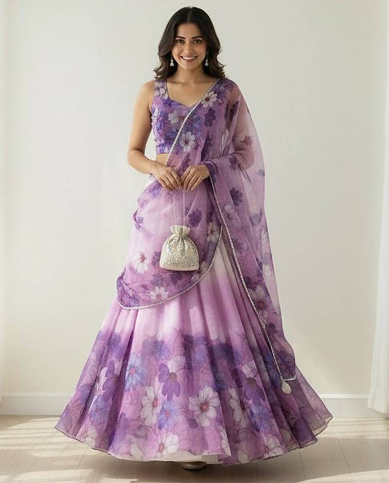 Floral Printed Organza Semi-Stitched Lehenga & Blouse With Dupatta Free Size Upto 42