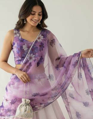 Floral Printed Organza Semi-Stitched Lehenga & Blouse With Dupatta Free Size Upto 42 2
