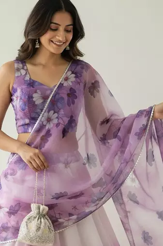 Floral Printed Organza Semi-Stitched Lehenga & Blouse With Dupatta Free Size Upto 42