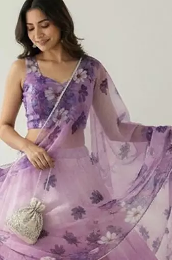 Floral Printed Organza Semi-Stitched Lehenga & Blouse With Dupatta Free Size Upto 42