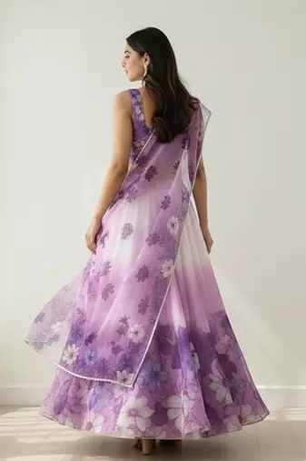 Floral Printed Organza Semi-Stitched Lehenga & Blouse With Dupatta Free Size Upto 42