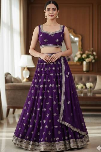 Women Embroidered Sequinned Semi-Stitched Lehenga & Unstitched Blouse With Dupatta Free Size Upto 42