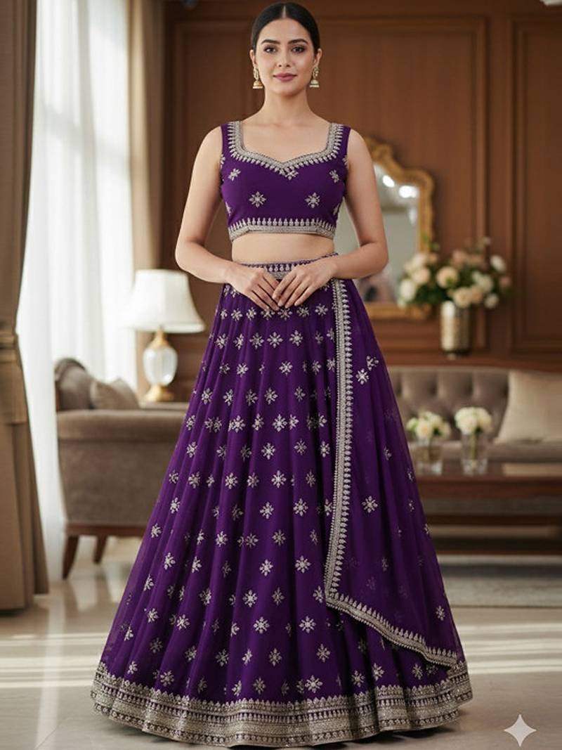 Women Embroidered Sequinned Semi-Stitched Lehenga & Unstitched Blouse With Dupatta Free Size Upto 42