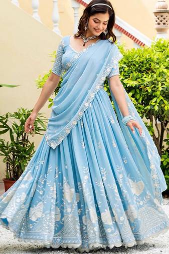 Embroidered Semi-Stitched Lehenga & Unstitched Blouse With Dupatta Free Size Upto 42