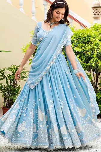Embroidered Semi-Stitched Lehenga & Unstitched Blouse With Dupatta Free Size Upto 42