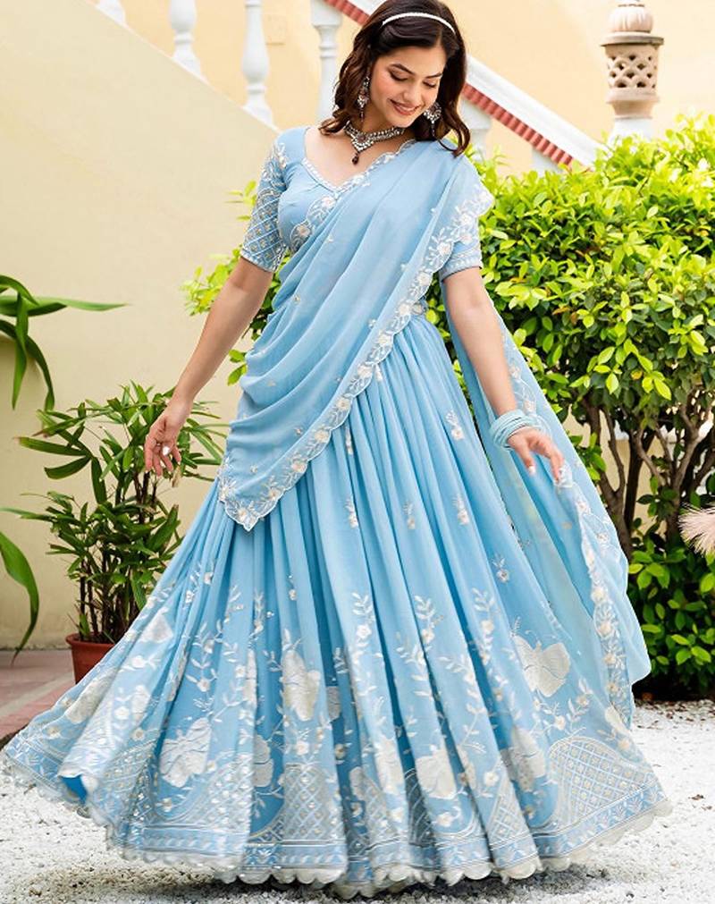 Embroidered Semi-Stitched Lehenga & Unstitched Blouse With Dupatta Free Size Upto 42