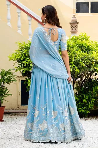 Embroidered Semi-Stitched Lehenga & Unstitched Blouse With Dupatta Free Size Upto 42