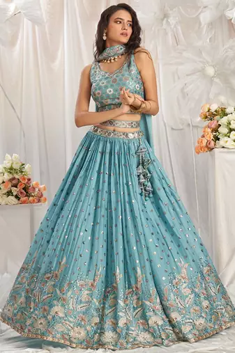 Embroidered Sequinned Semi Stitched Lehenga & Unstitched Blouse With Dupatta Free Size Upto 42