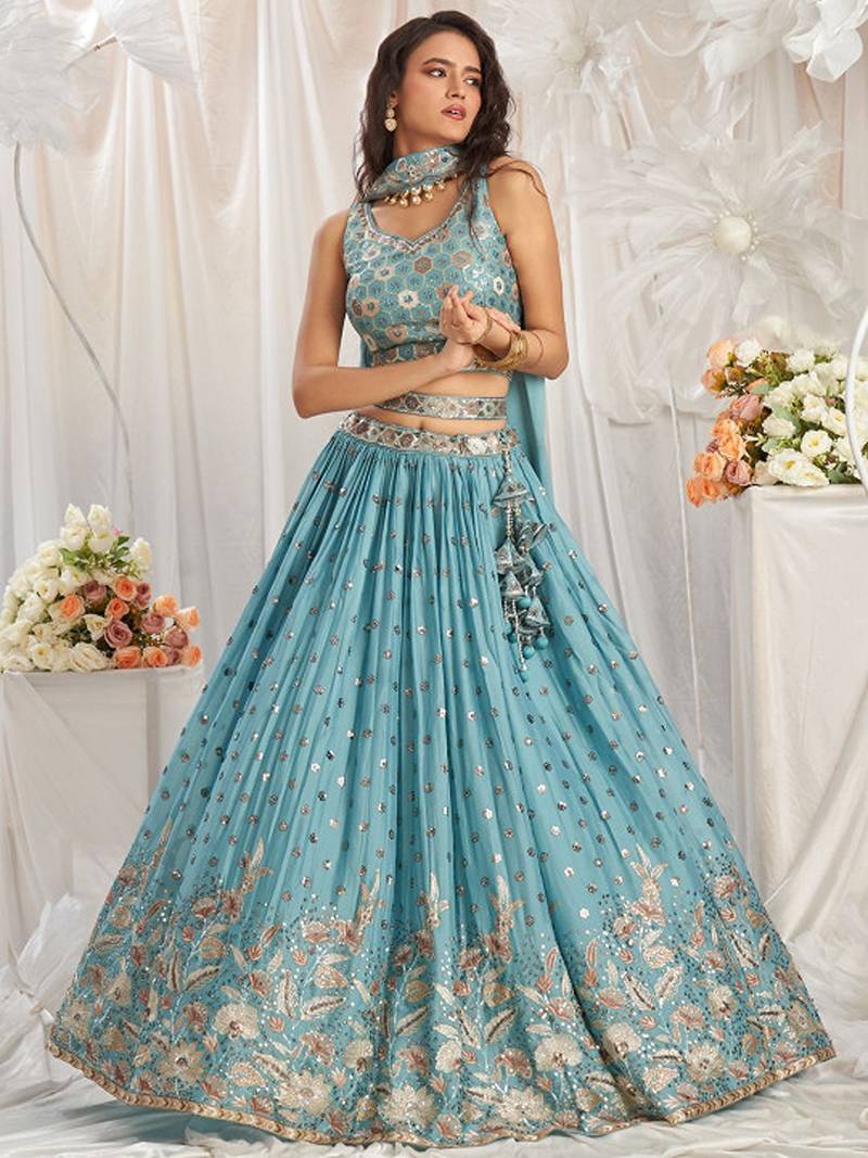 Embroidered Sequinned Semi Stitched Lehenga & Unstitched Blouse With Dupatta Free Size Upto 42
