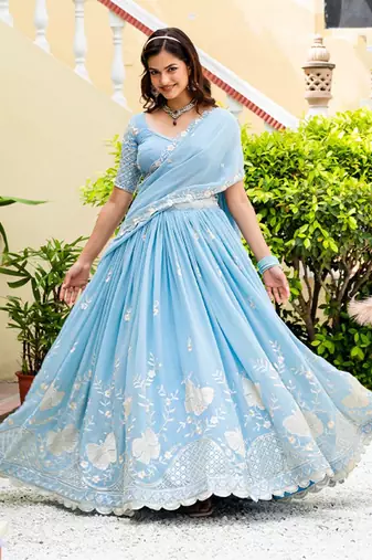 Embroidered Semi-Stitched Lehenga & Unstitched Blouse With Dupatta Free Size Upto 42