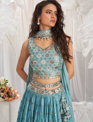 Embroidered Sequinned Semi Stitched Lehenga & Unstitched Blouse With Dupatta Free Size Upto 42 2