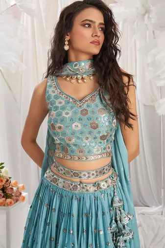 Embroidered Sequinned Semi Stitched Lehenga & Unstitched Blouse With Dupatta Free Size Upto 42