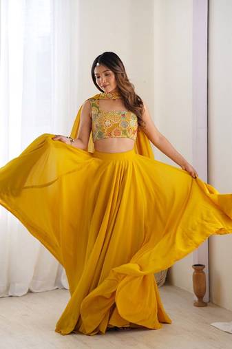 Ethnic Motifs Embroidered Ready To Wear Lehenga & Blouse With Dupatta Free Size Upto 42